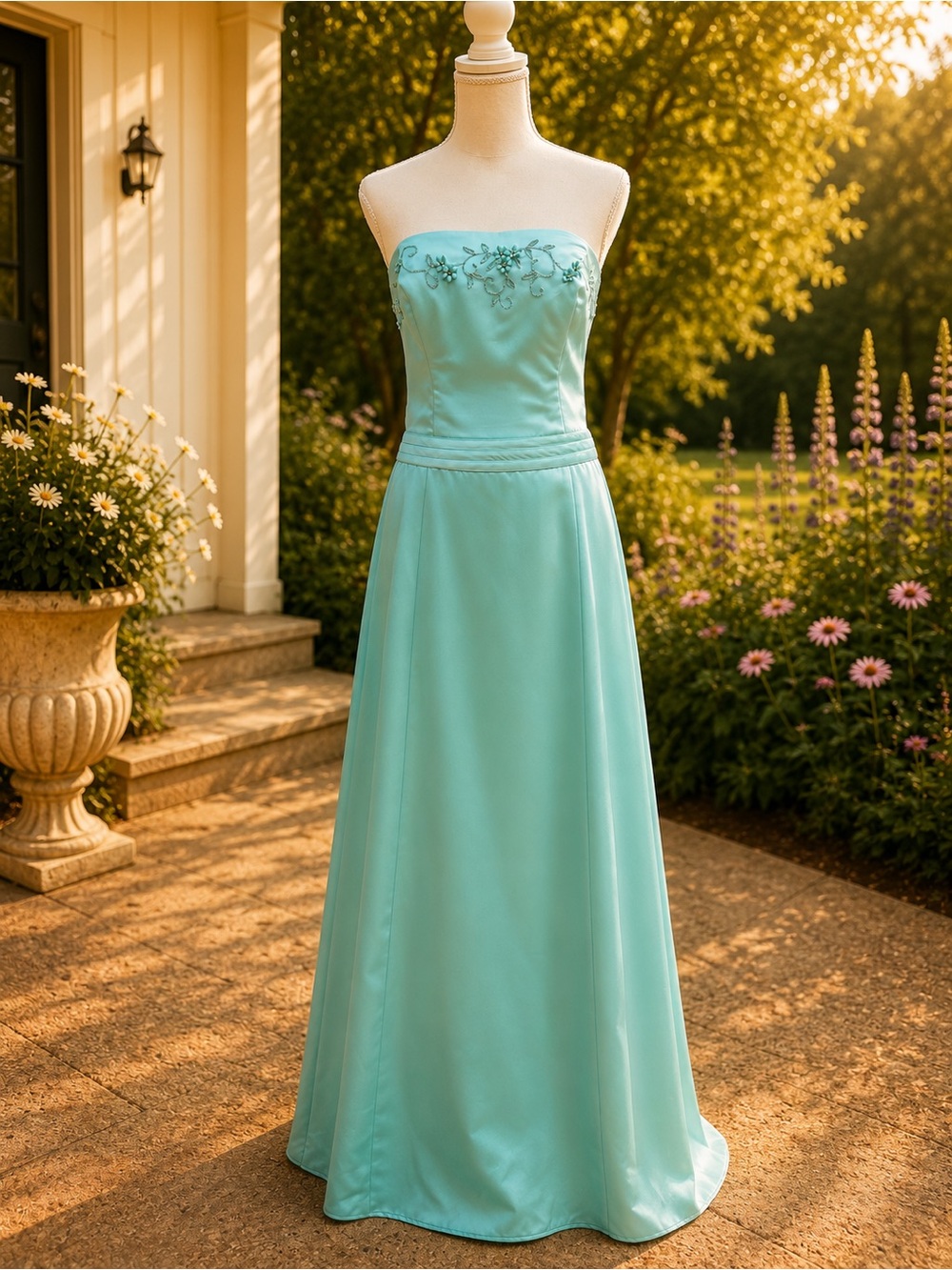Morgan & Co. Strapless Aqua Prom Gown with Embroidered Bodice